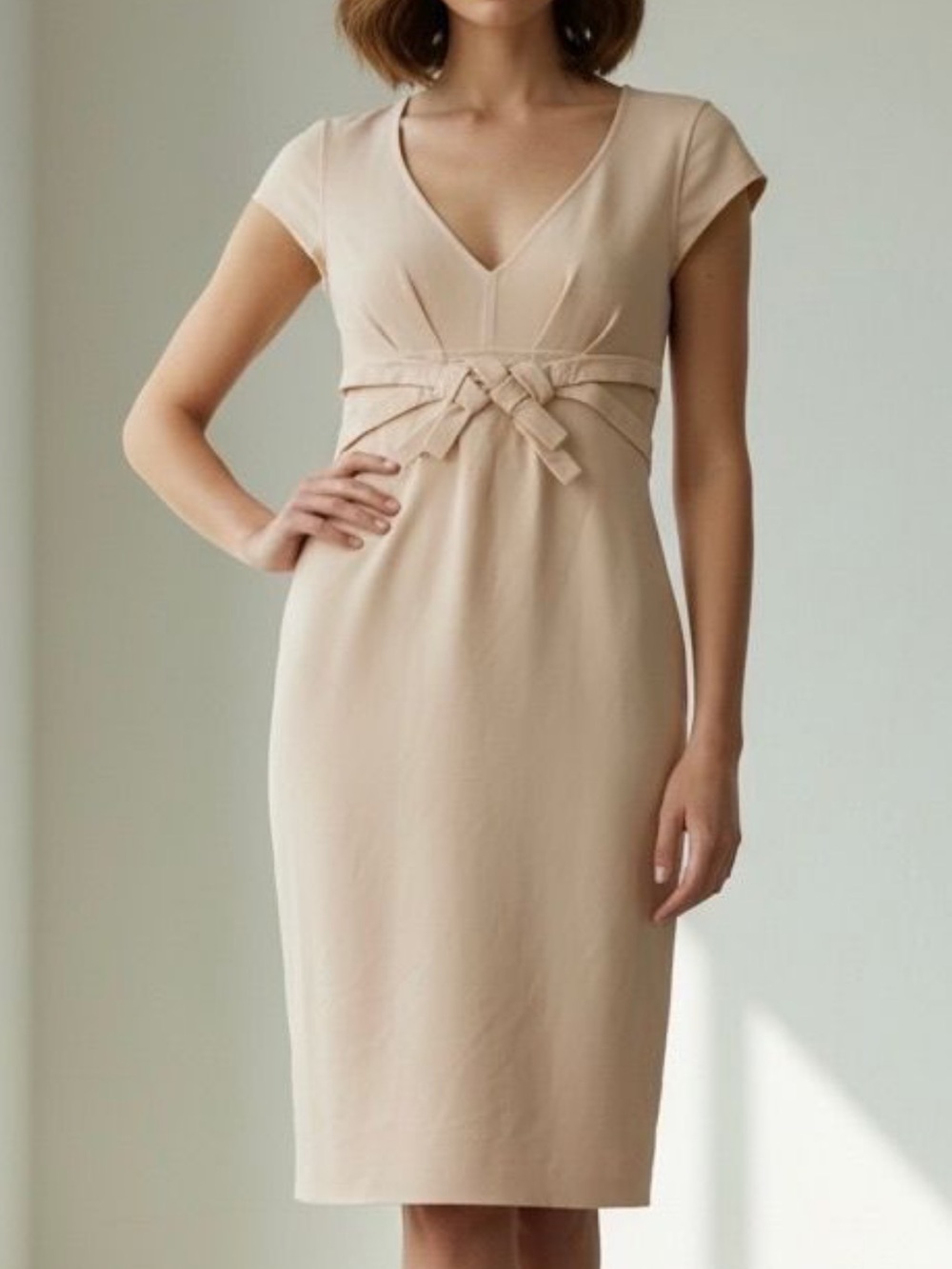 Celine Peach Bow-Front V-Neck Cap-Sleeve Dress Size EUR 36